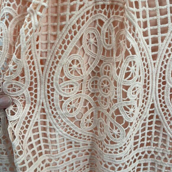 Just Me Crochet Lace Dress Size M Peach Milkmaid Asymmetric Boho Cottage Fairy - Picture 9 of 12